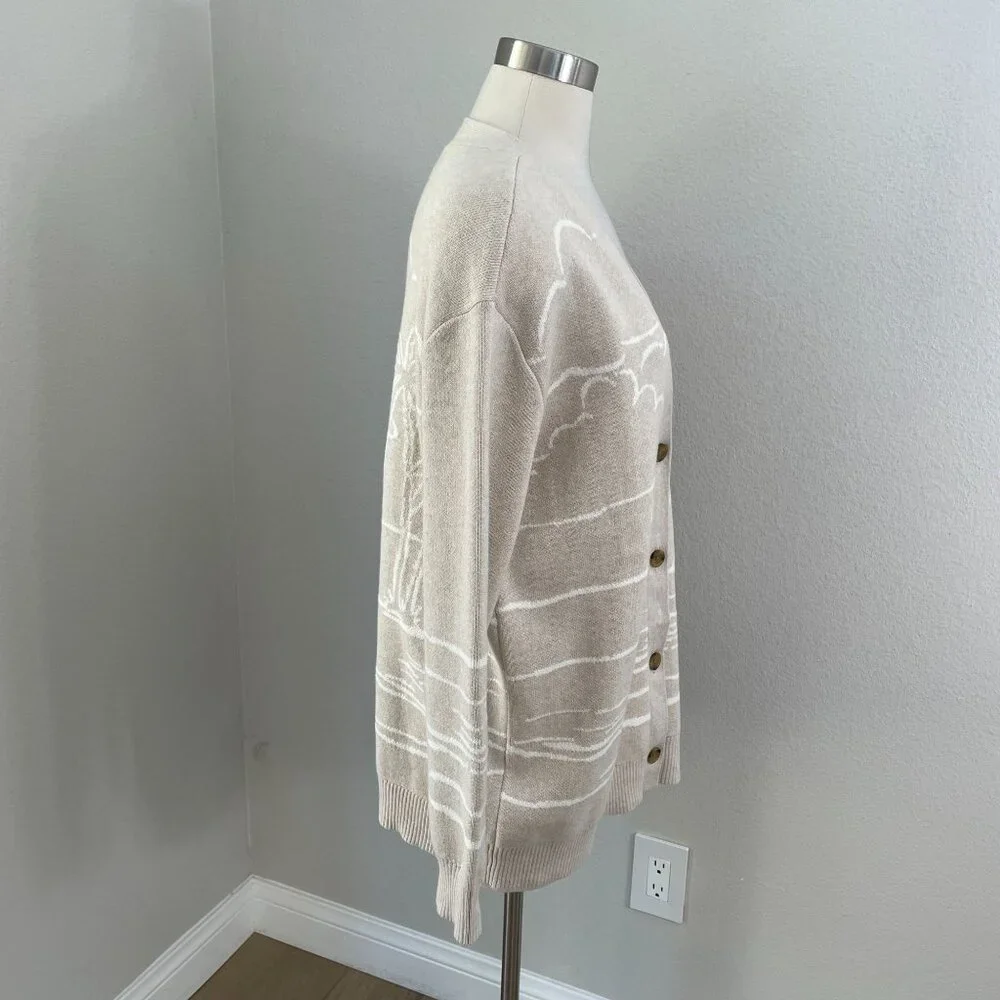 Lands End Womens Medium Beige‎ Cardigan Palm Tree Cotton Button Up Sweater